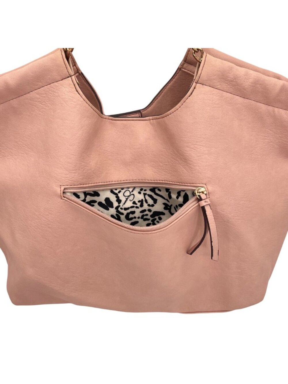 Jessica Simpson Blush Pink Tote Bag With Gold Chain Detail Leopard Print Lining - Picture 5 of 16